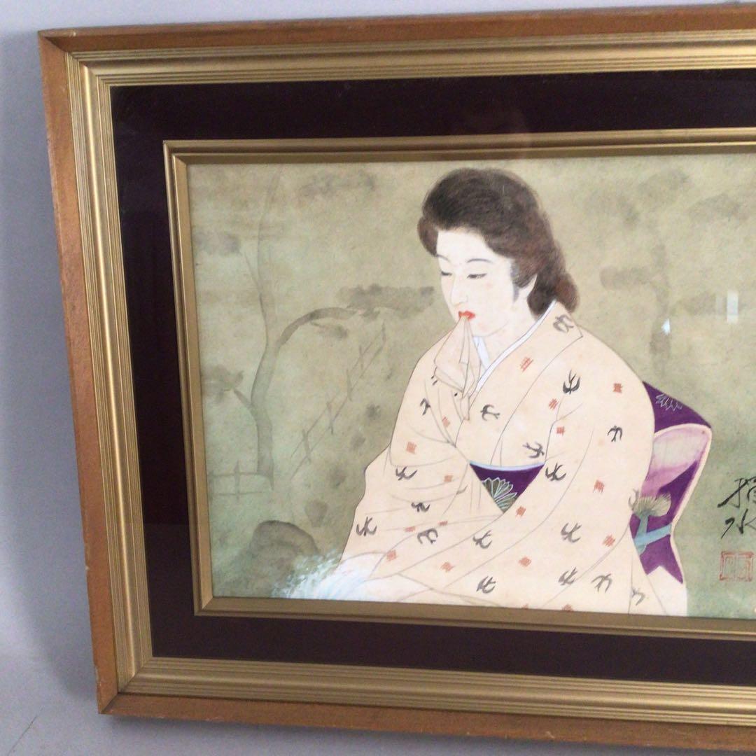 No3885額装　在銘　指水　美人画　燕柄着物　肉筆絹本　日本画　絵画 送料無料