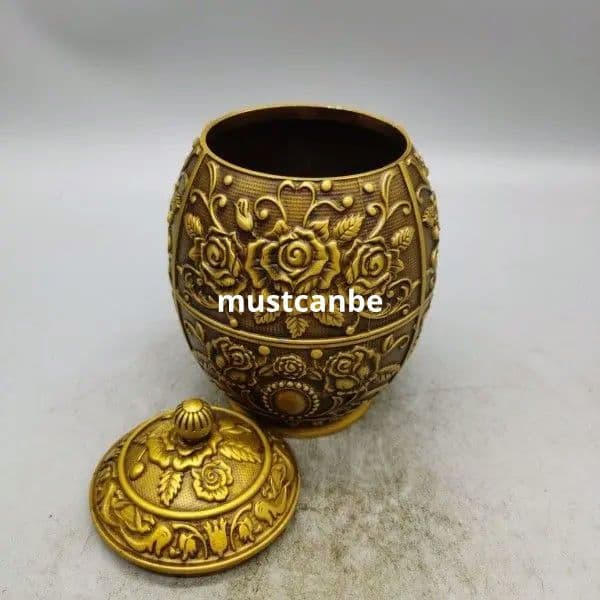 銅 細工 茶道具 浮彫り花開富貴銅缶 円形茶筒 客間 装飾品 工芸品 置物