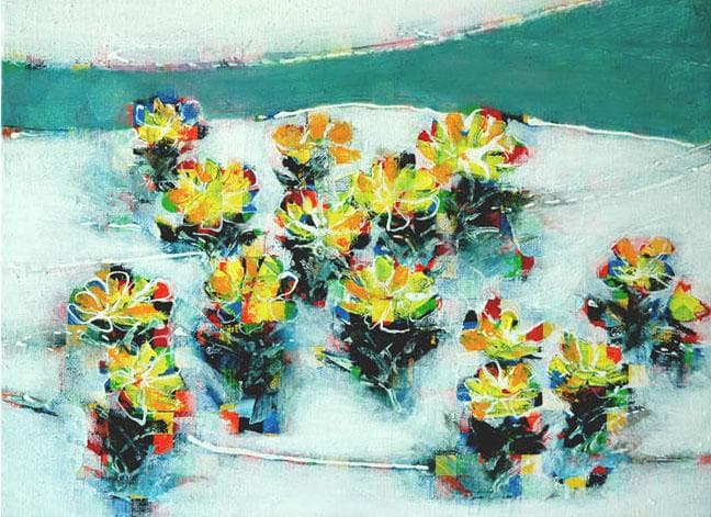 油絵 菅家令子 絵画インテリア額付(青緑＋金色の枠)F4-091416 福寿草