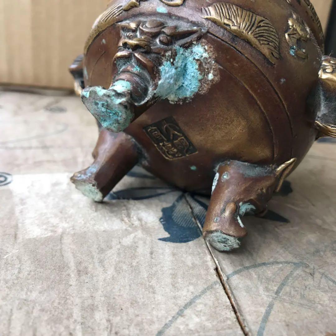 中国 骨董 銅香炉 獅子 野獣足 時代物 「大明宣徳」刻印