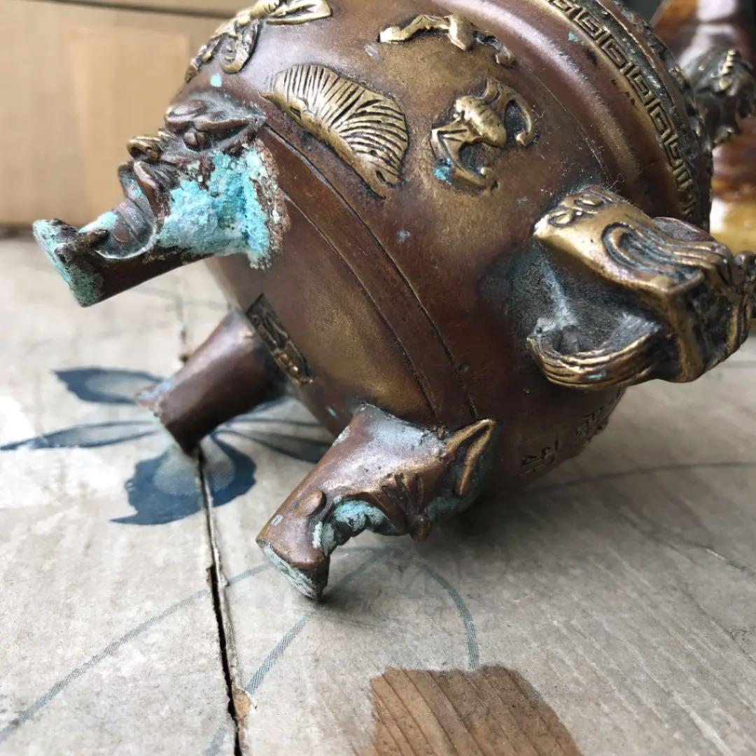 中国 骨董 銅香炉 獅子 野獣足 時代物 「大明宣徳」刻印