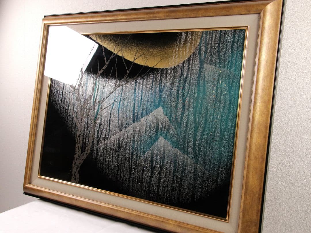 【真作】漆芸画 新木光「月夜の詩」輪島市美術展出品 額装 12号 沈金銀M865
