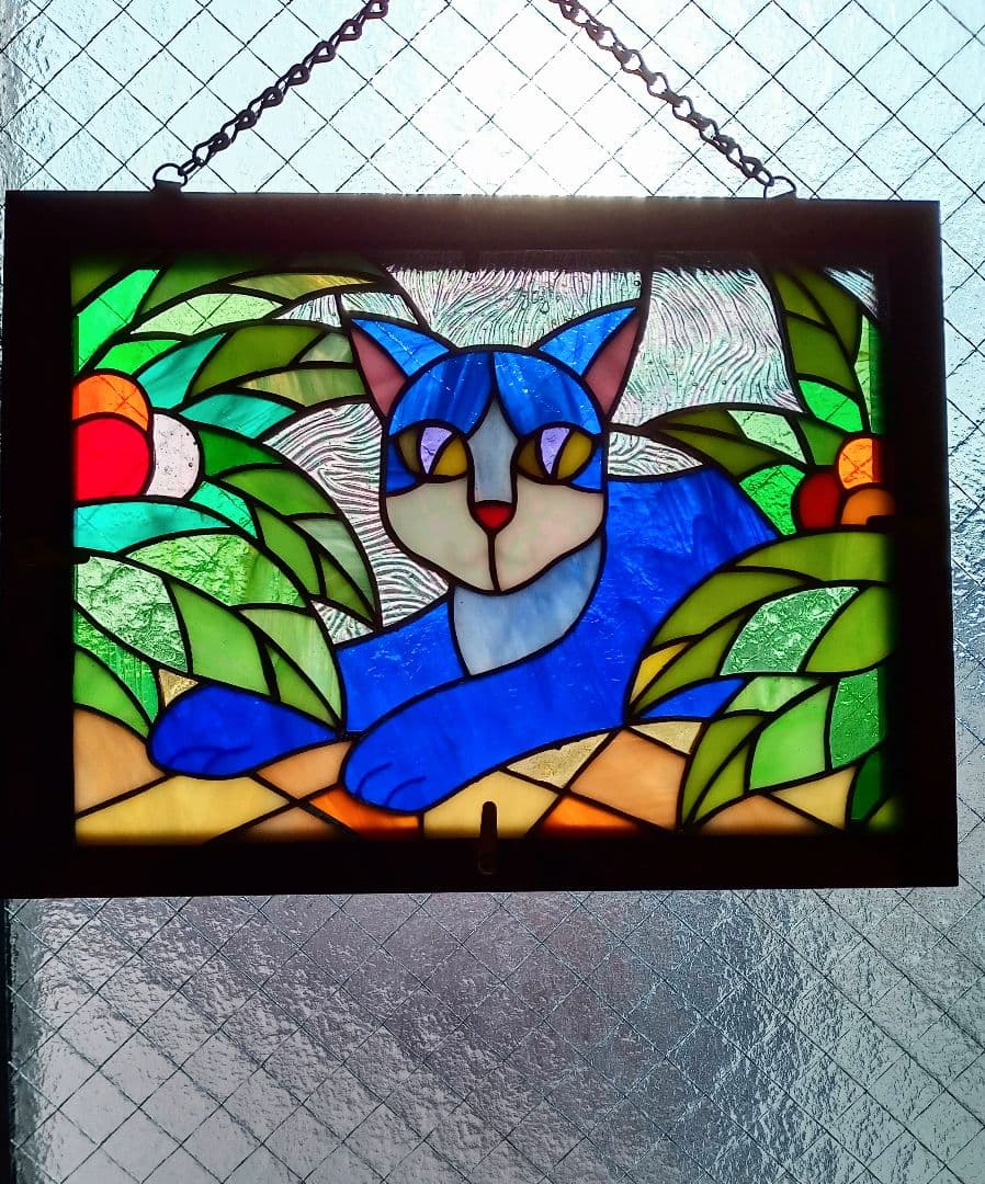猫ステンドグラス　作家物日本製