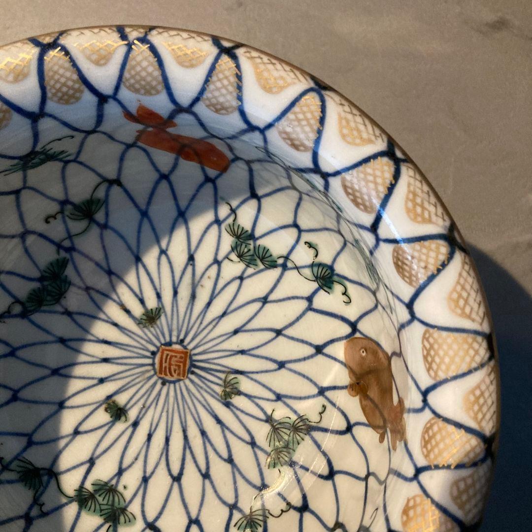 【貴重】古伊万里　染付色絵鉢　網目　金魚　金彩　茶碗　陶器　骨董品　江戸後期