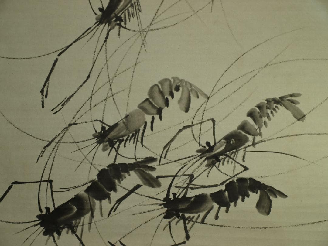 骨董市仕入れ品　中国近時代 白石作 虾図 掛軸　肉筆保証 BD620C11-4