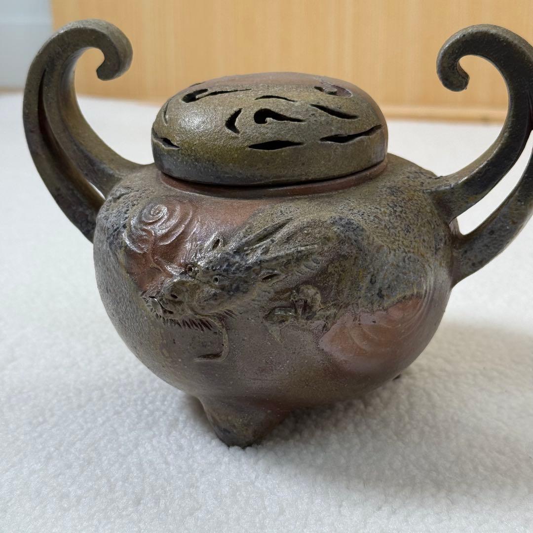 蔵出し/備前竜香炉 小山一草 共箱 共布 栞 備前焼 龍細工 茶道具 香道具