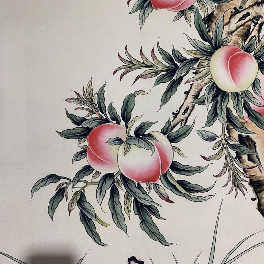 郎世寧 寿桃図 四尺中堂 中国掛け軸 花鳥画 吉祥画