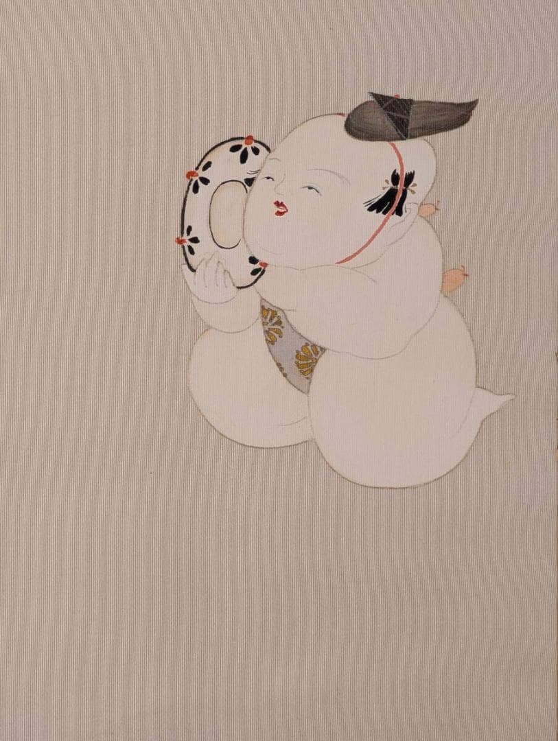 【真作】絵画　日本画　舞う童子図　可憐な童の舞扇と鼓　福を招く童子二人　X198