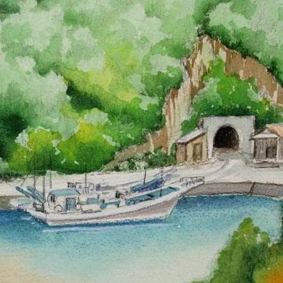 絵画「静かな漁港の昼さがり」　水彩画