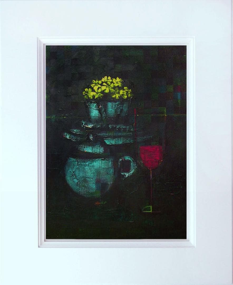 油絵 菅家令子絵 絵画インテリア額付(青緑＋金色の枠)uF6-063404静物花