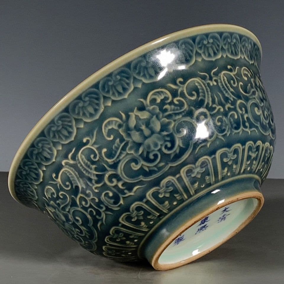 大清康煕緑釉霽紅釉碗  工芸品 美術品 置物
