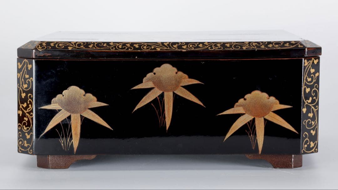 時代漆器 黒漆金蒔絵 花車文 ー段重箱 共箱付 菓子器 御節料理 古美術 骨董品