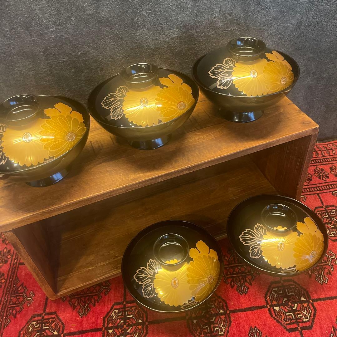 輪島塗　蒔絵菊花図　五客