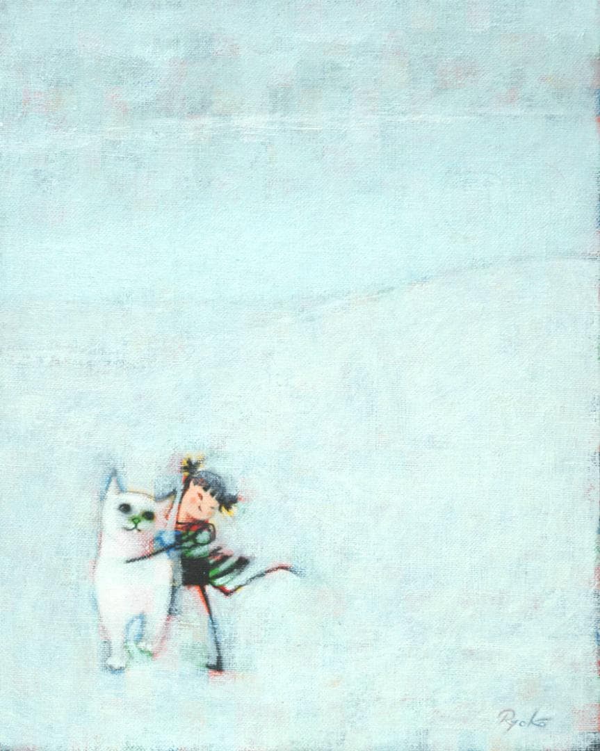 油絵 菅家令子 絵 絵画インテリア額付(青緑＋金色の枠)F3-091918猫女子