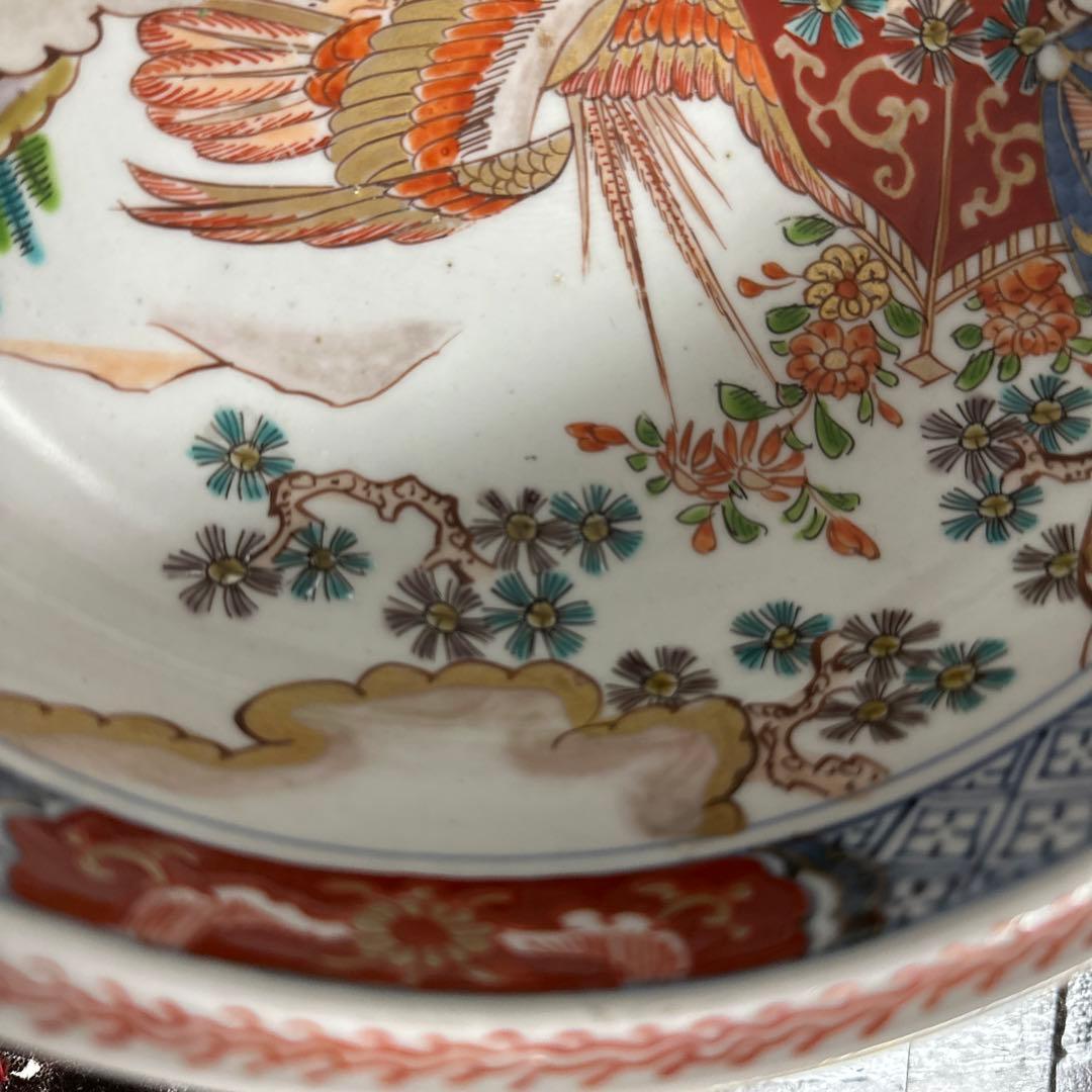 古伊万里、染錦、花鳥図、赤玉、中鉢。