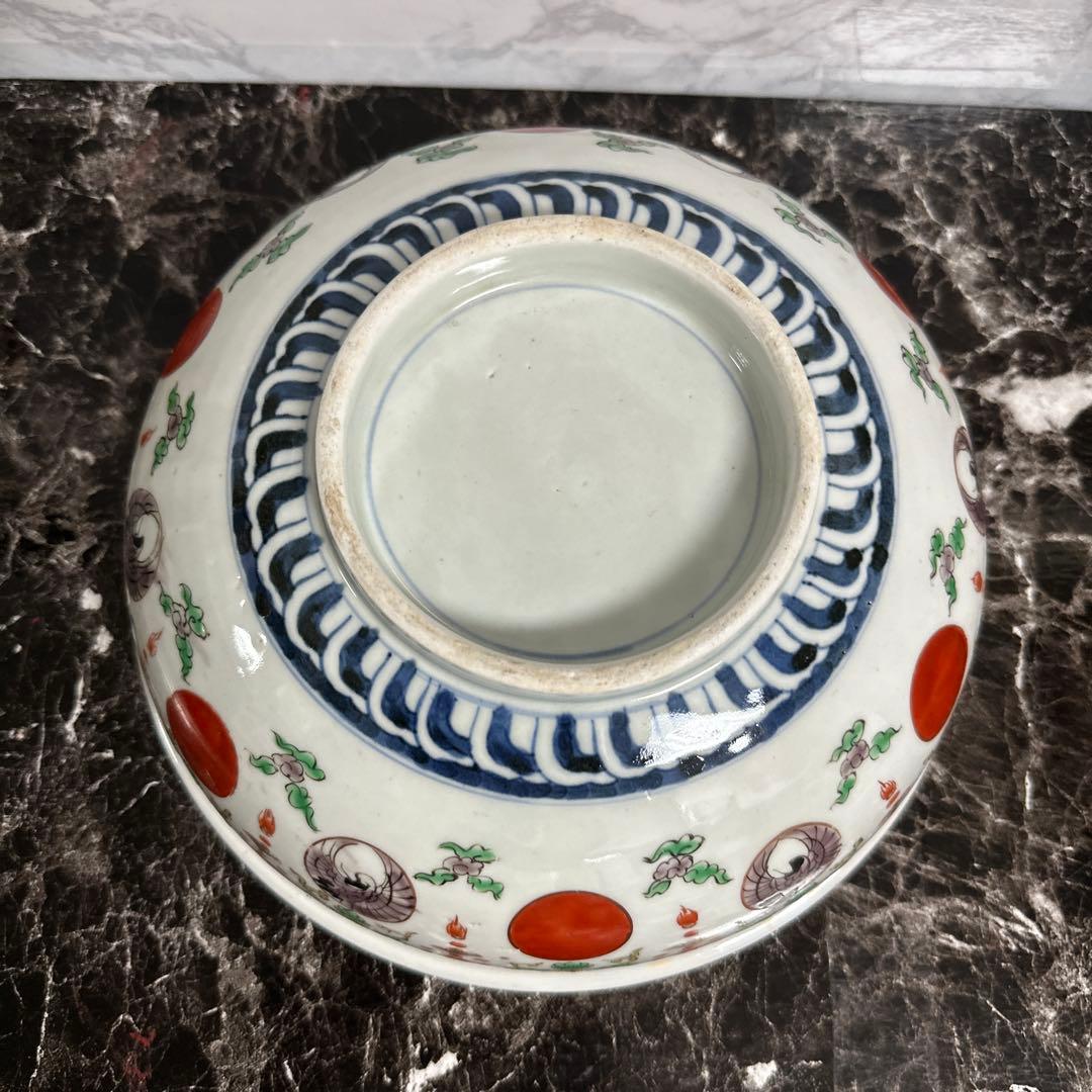 古伊万里、染錦、花鳥図、赤玉、中鉢。