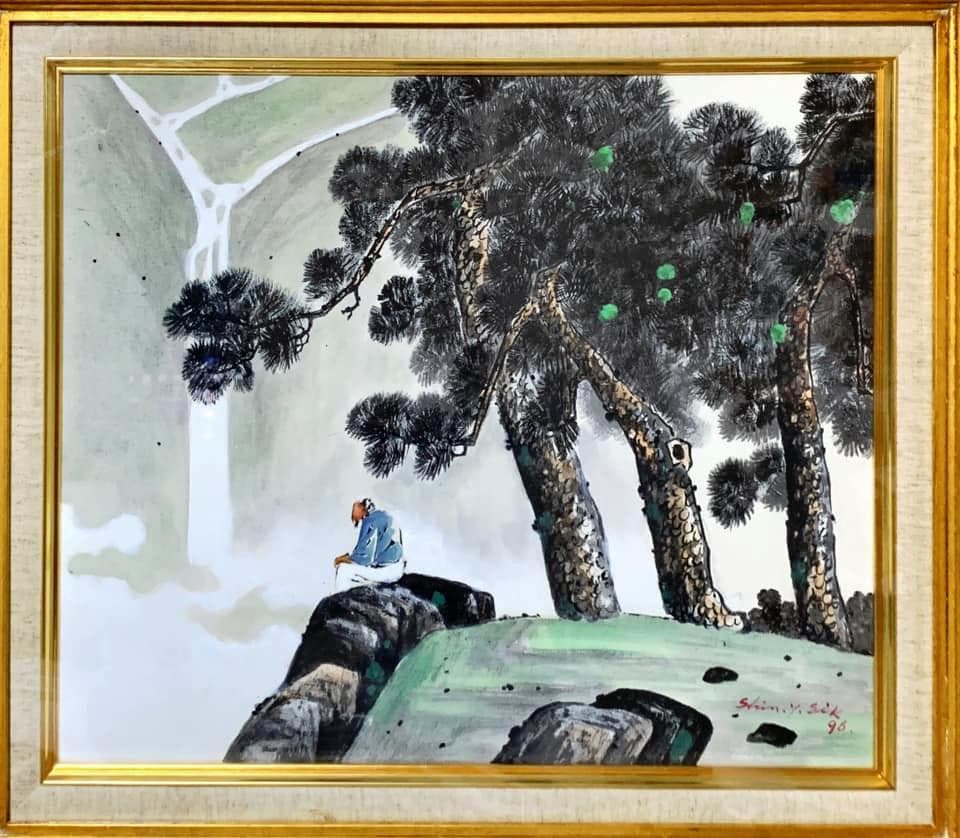 絵画　油絵（キャンバス）　「滝見の老人」　韓国人画家・申 英植　Ｆ１０号