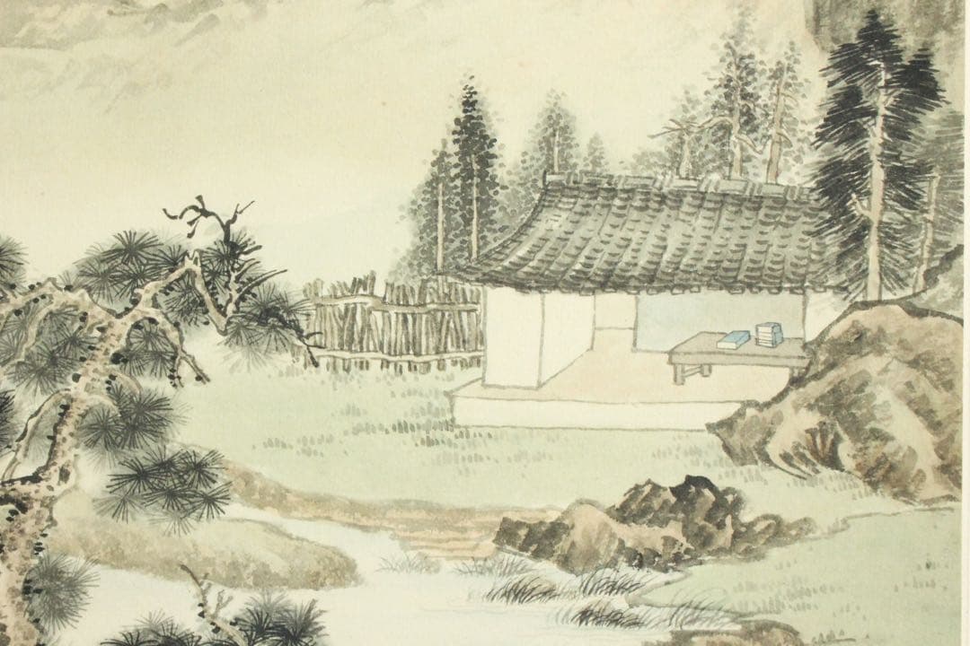 No5570掛軸　無落款　山水図　紙本着色　唐画　中国画　古画　古美術　送料無料