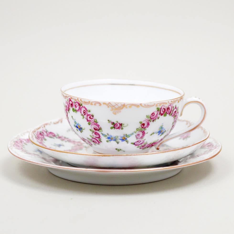 DRESDEN PORCELAIN 手描き 薔薇 トリオ カップ ソーサー 皿