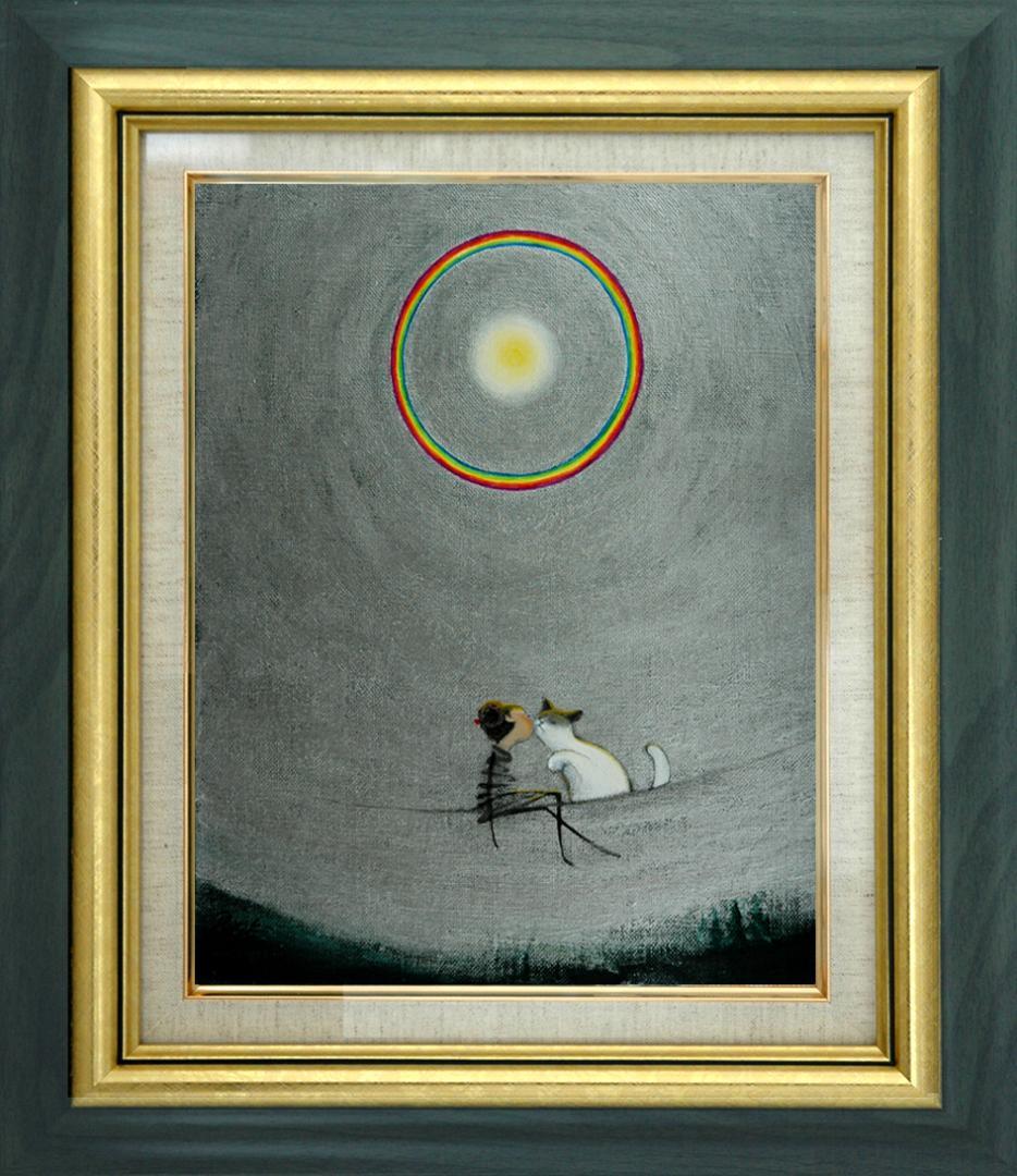 油絵 菅家令子 絵 絵画 インテリア 額付(黒) F3-031019子猫と女の子
