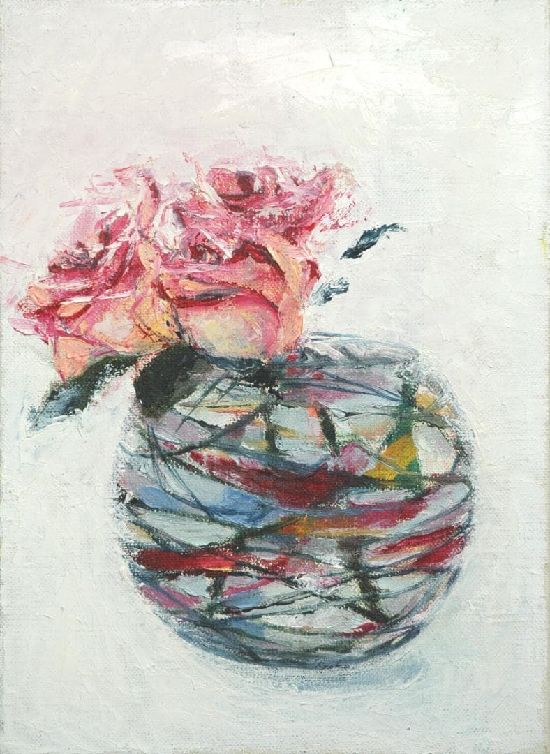 油絵 菅家令子 絵 絵画インテリア額付(青緑＋金色の枠)F4-070102 ばら
