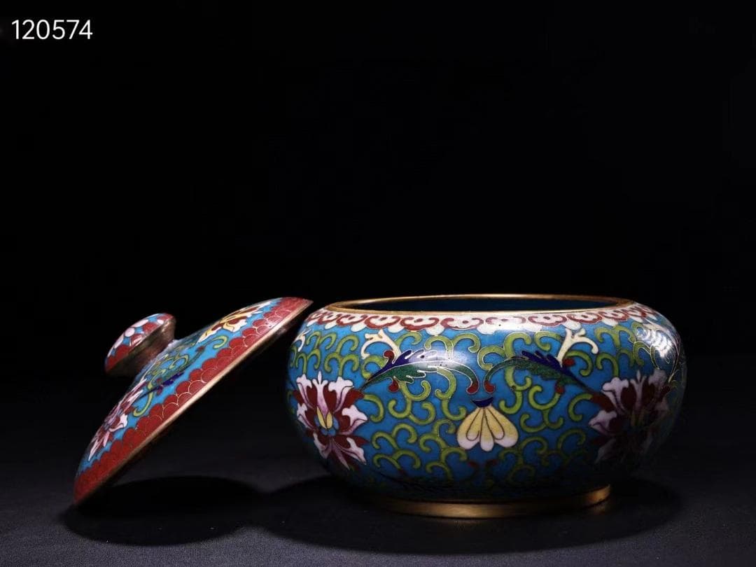 中国古美術・珍蔵・ 銅胎掐糸エナメル彩 景泰藍鎏金蓋罐・箱付き・文房具