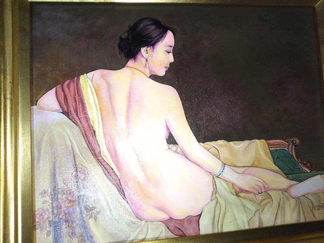 森本草介、絵画、裸婦、油彩６号、憩いの時、高級額縁、肉筆
