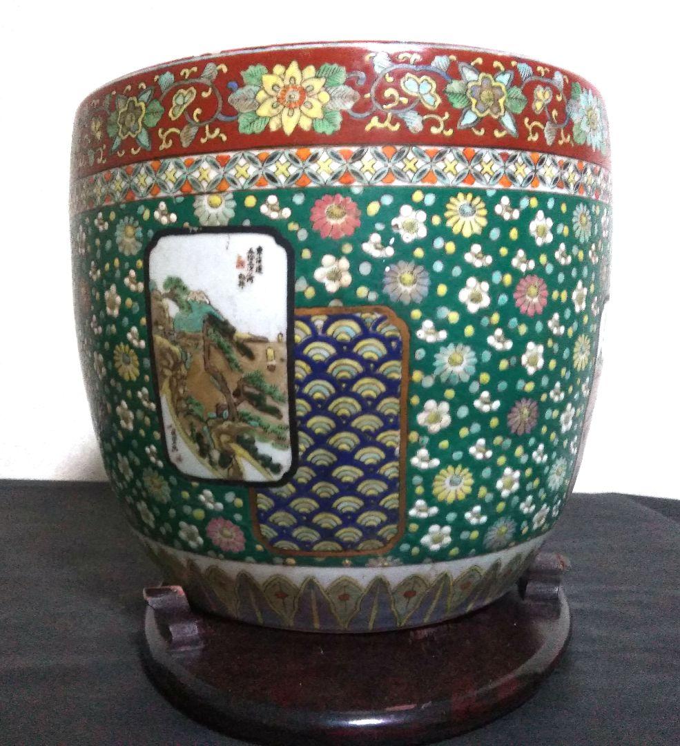 伊万里焼 安藤広重 東海道五拾三次窓絵 十錦手 火鉢 /骨董/台座付き