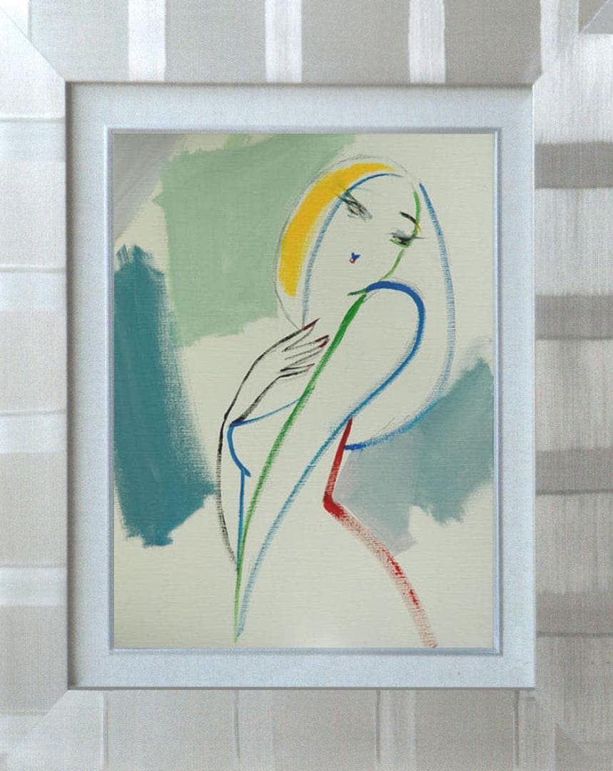 油絵 菅家令子 絵 絵画インテリア額付(青緑＋金色の枠) F6-082611女性