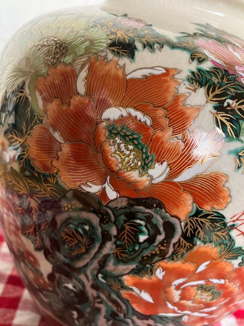 昭和レトロ　古董品　九谷焼　幸作　大型花器　金彩手書き　大富大貴　金牡丹風景