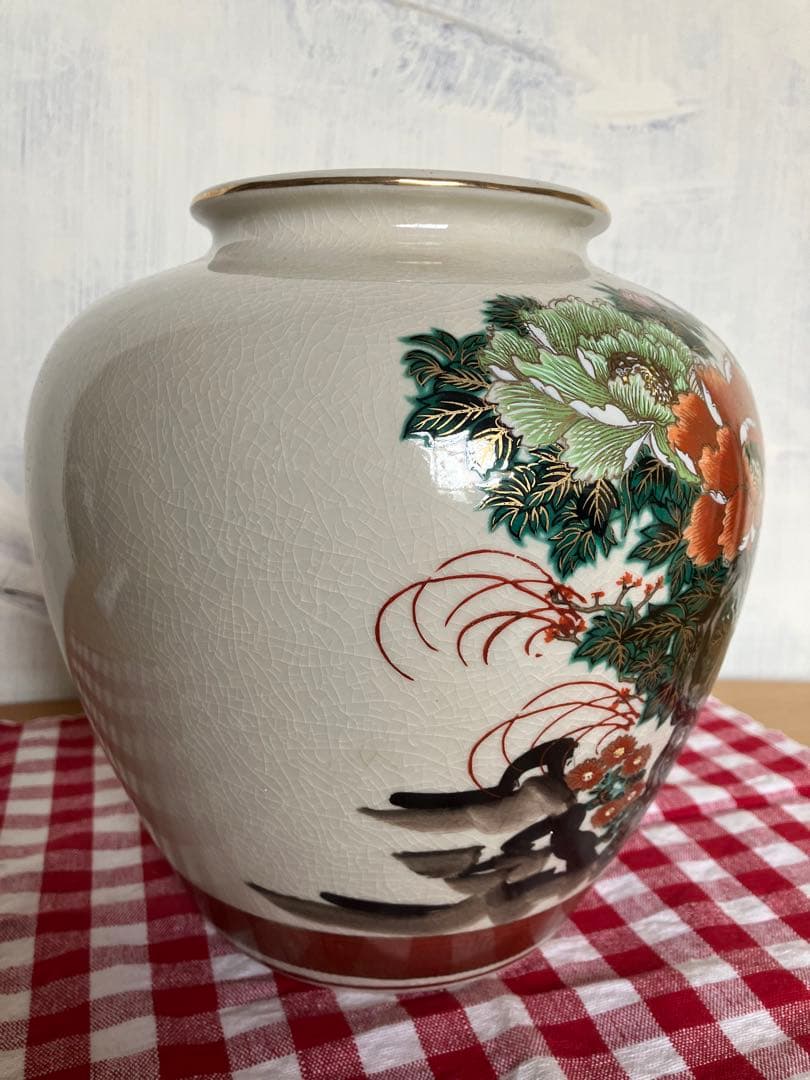 昭和レトロ　古董品　九谷焼　幸作　大型花器　金彩手書き　大富大貴　金牡丹風景