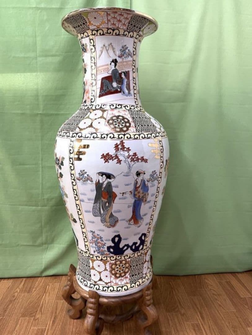 【超特大 美品】台付 高さ111cm 重量12.6kg 金彩花牡丹美人画 薩摩焼