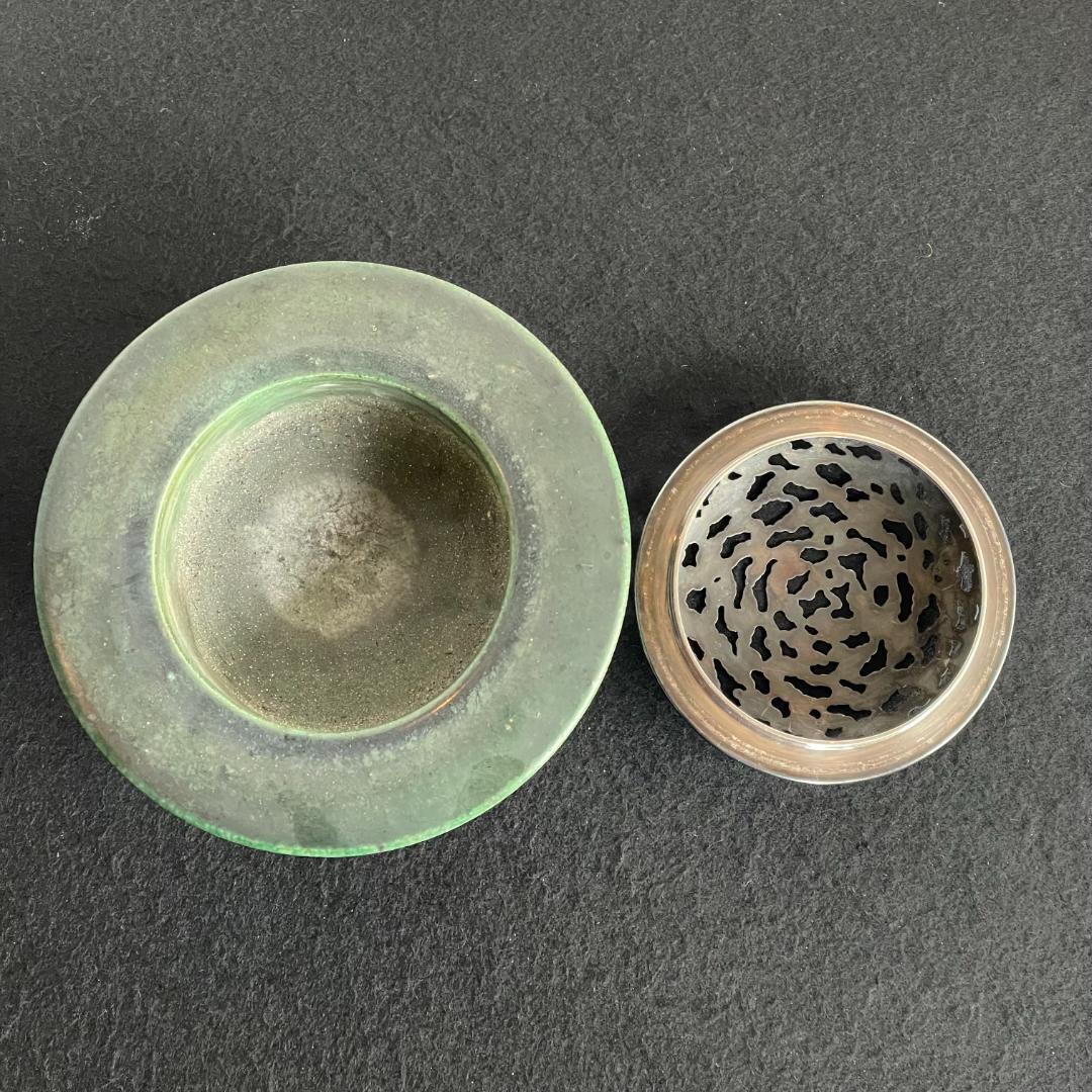 希少 初代 諏訪蘇山 造 漢窯写 緑釉 獣五足 獅子面脚 香炉 置物 銀製 銘有