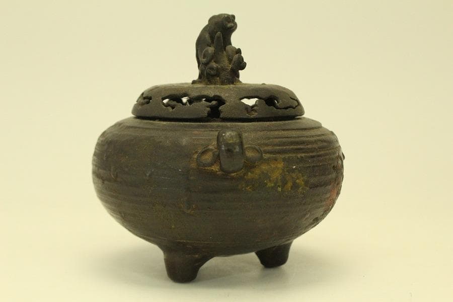 古銅 獅子蓋 香炉 時代物(A975)