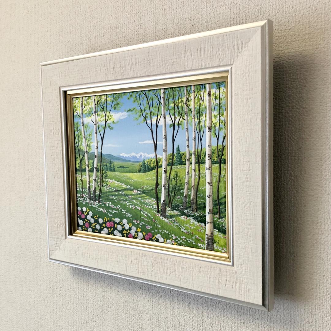 アクリル画　原画　「シロツメクサの咲くフィールド02」額縁付　F3キャンバス