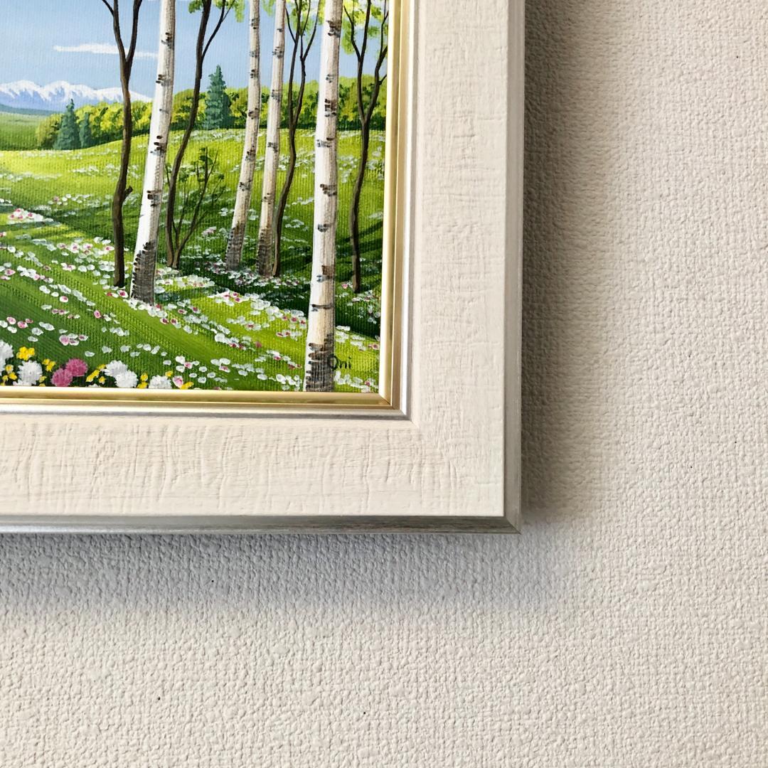 アクリル画　原画　「シロツメクサの咲くフィールド02」額縁付　F3キャンバス