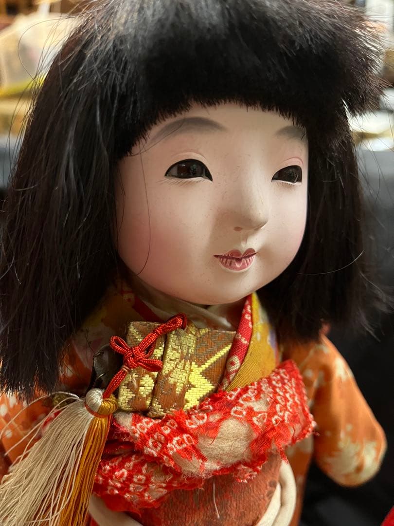 市松人形 黒髪 オレンジ着物 約30cm 2体