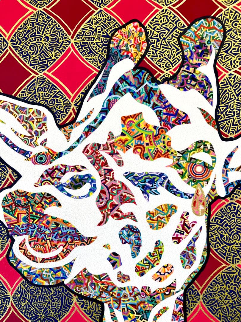 値下げ　原画　キリン　動物画　絵画　アクリル画　現代アート　細密画　一点物