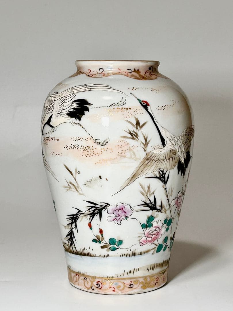 明治瀬戸の名工 加藤繁十 桃花園画 上絵飛鶴文花瓶 其の弍 名古屋絵付 瀬戸