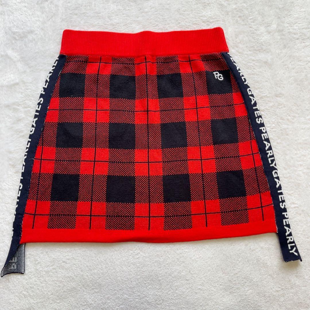 美品 パーリーゲイツ　セットアップ　モックネック　スカート　レッド　チェック