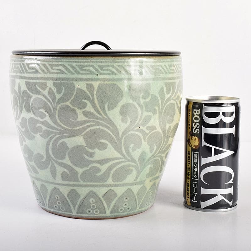 韓国　水広陶窯　李貞夏作　高麗青磁　花文　水指　合わせ箱　V　R7713B