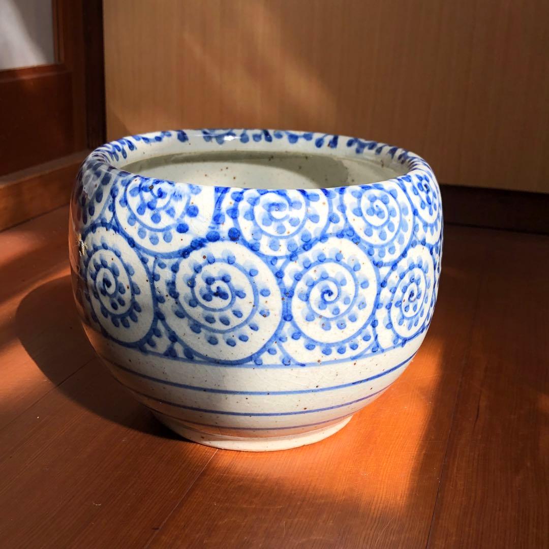 信楽焼 蛸唐草文様 火鉢鉢カバー青い渦巻き柄 日本伝統工芸品
