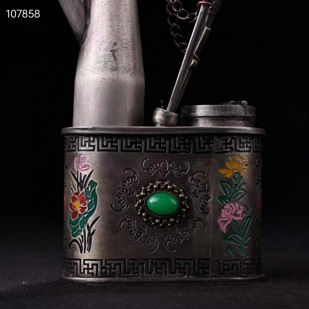 中国古美術・旧収蔵品・純銅制・古銅彫・寶石嵌花開富貴紋水煙袋・純手作り・置物