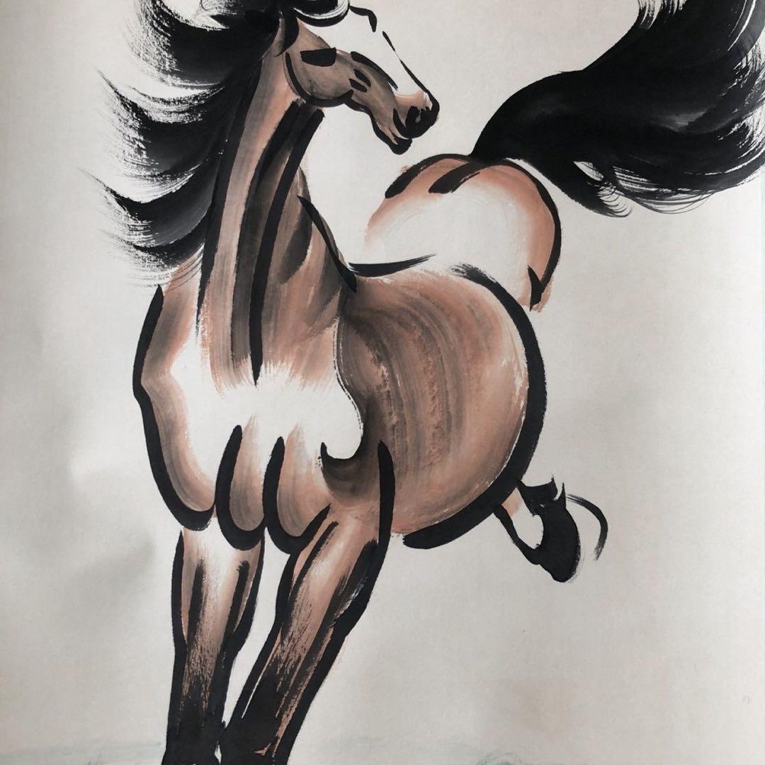 徐悲鴻 馬図 四条屏 純手描き 水墨画 表装済み（4枚セット）