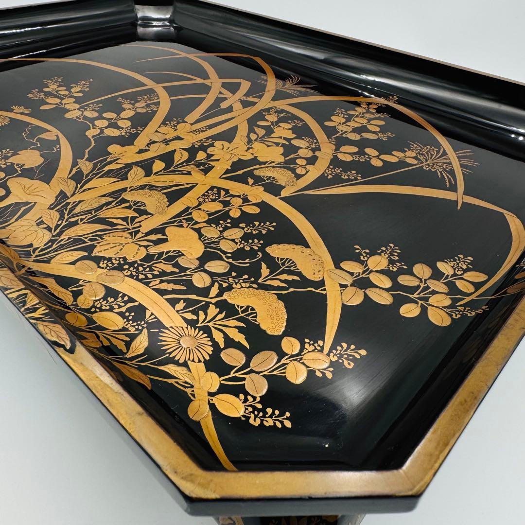 【長野横笛　黒箪花蒔絵香盆　膳　卓】漆芸　木箱　伝統工芸　明治　京漆器　秋草