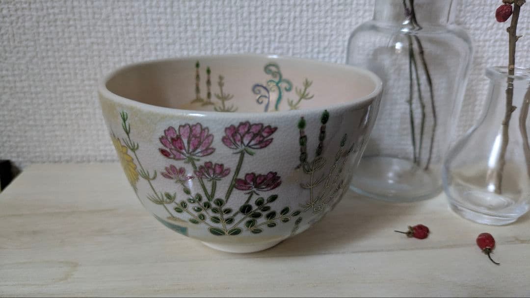 色絵 春の野 抹茶茶碗