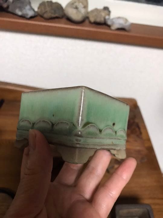 盆栽鉢　超美品時代陶翠緑釉正方雲足ミニ盆栽鉢