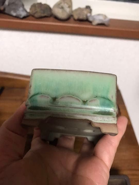 盆栽鉢　超美品時代陶翠緑釉正方雲足ミニ盆栽鉢