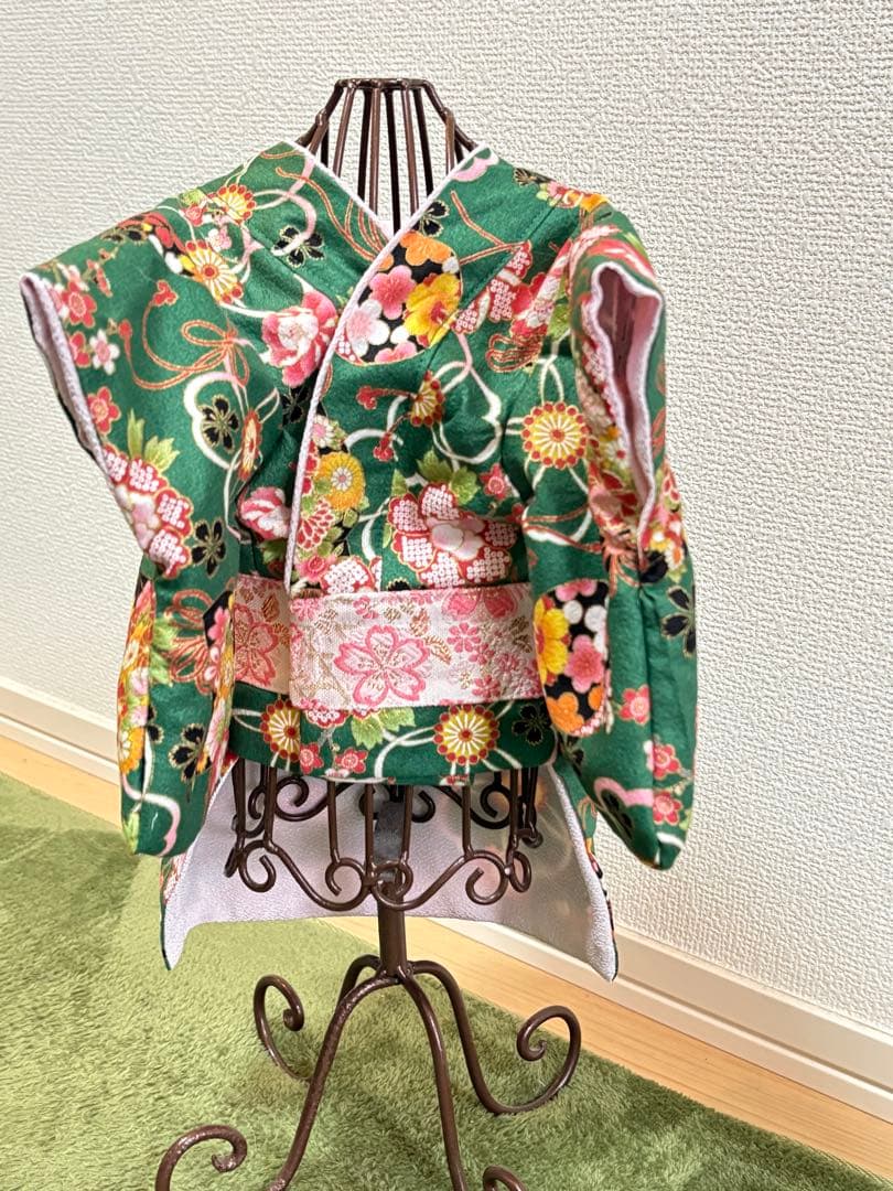 ★新作★完成品☆犬服☆つまみ細工帯飾り付き 犬用着物Sサイズ女の子 華 グリーン