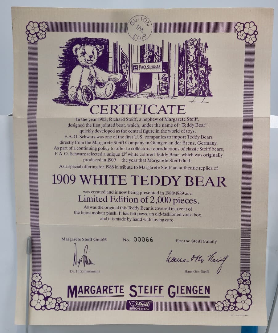 STEIFFF 1909 WHITE TEDDY BEAR レプリカ 約33cm